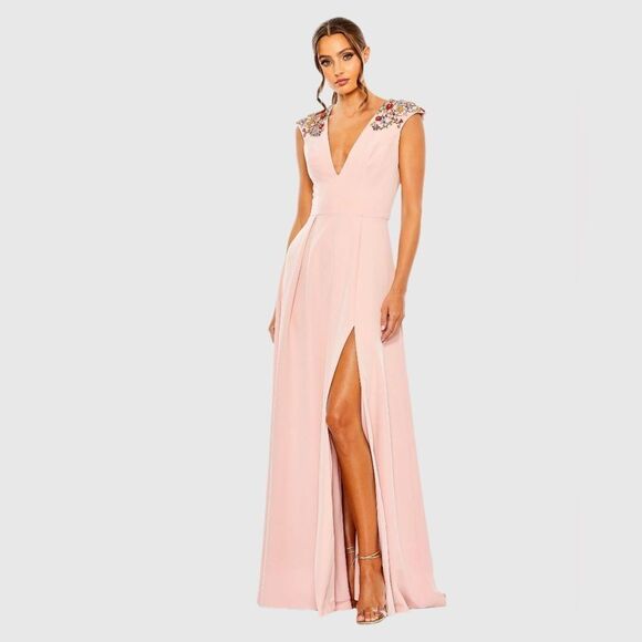 MAC DUGGAL 26540 Pink Beaded Cap Sleeve V Neck A Line Gown Dress - Picture 2 of 12